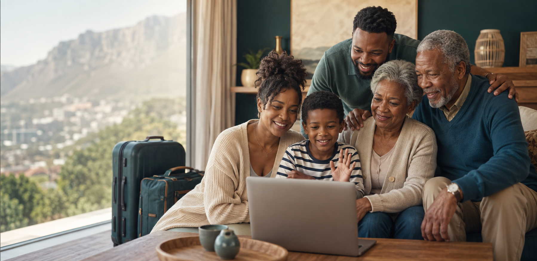 A family sharing a warm video call across countries